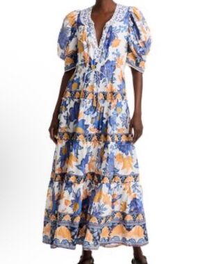 FARM Rio Blue, Mustard and Cream Floral Maxi Dress with Puff Sleeves